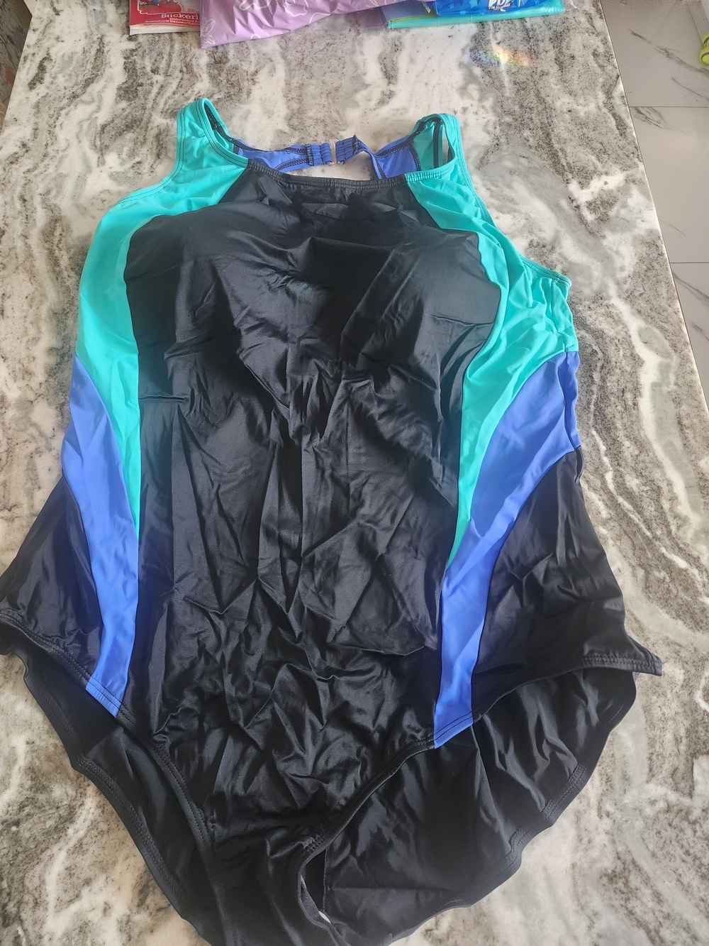 Black One-Piece Swimsuit with Teal & Blue Panels